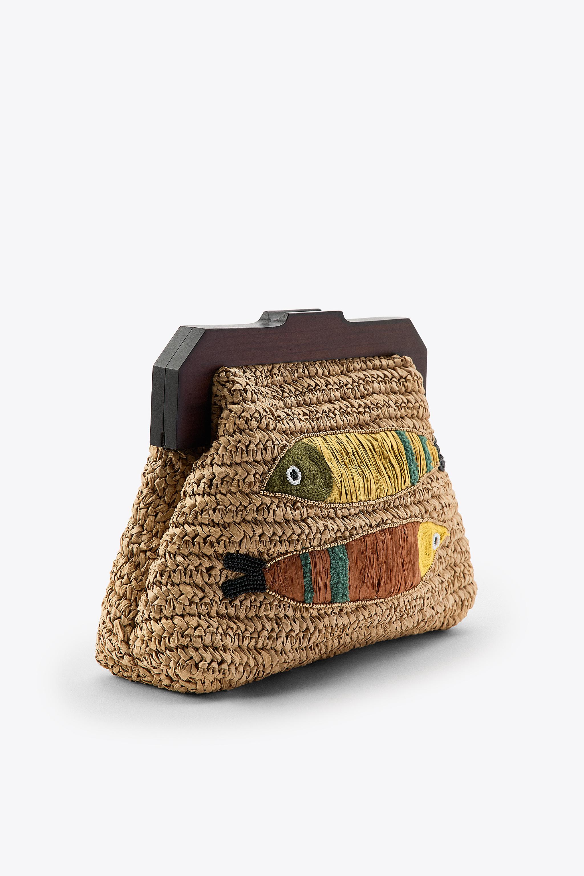 RAFFIA BAG WITH EMBROIDERED FISH